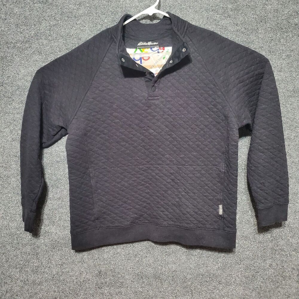 Eddie Bauer Raglan Sweater Mens Large Black Quilted Henley Snap Pullover Outdoor